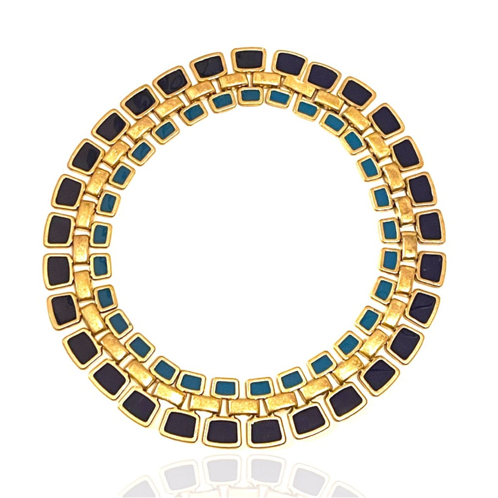 Color Blocked Enamel Bib Style Industrial Gold Tone Necklace Green Blue